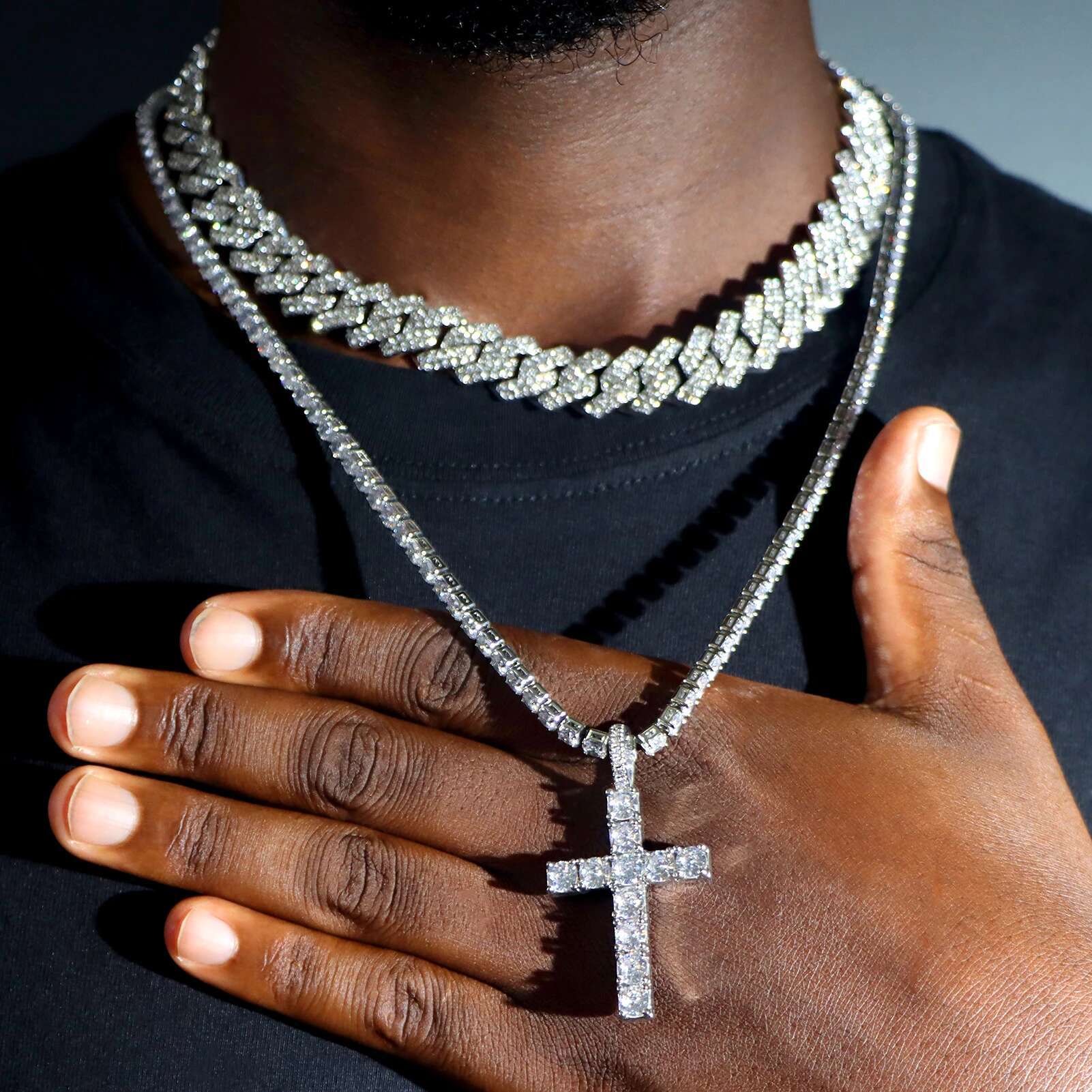 2Pcs Punk Crystal Cross Ankh Tennis Chain Iced Out Prong Cuban Link Chain Necklace For Men Women Rapper Necklaces Hiphop Jewelry