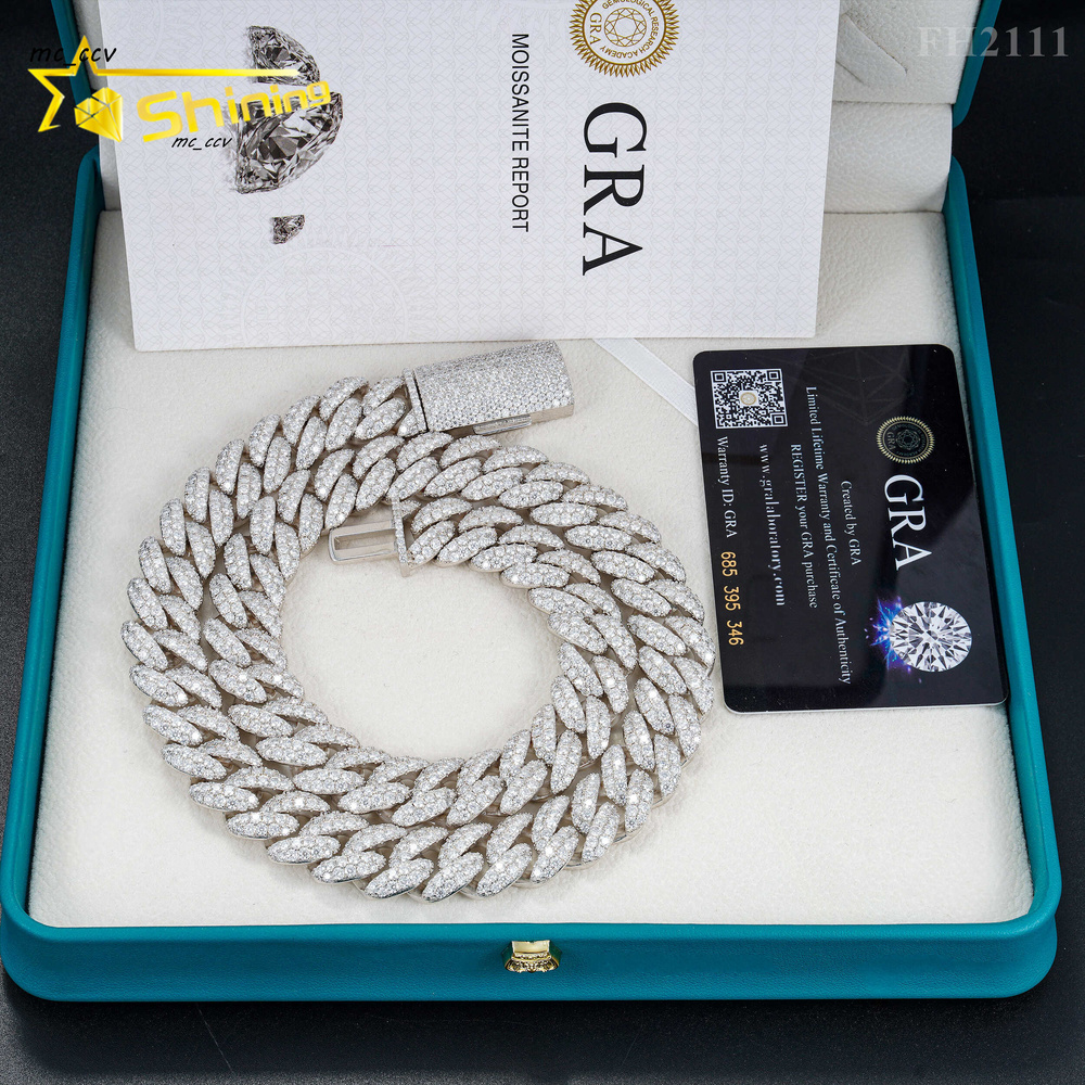 Hip Hop Fine Jewelry Factory Direct Sell 15MM Iced Out 925 Sterling Silver White Gold Plated Moissanite Cuban Link Chain Men