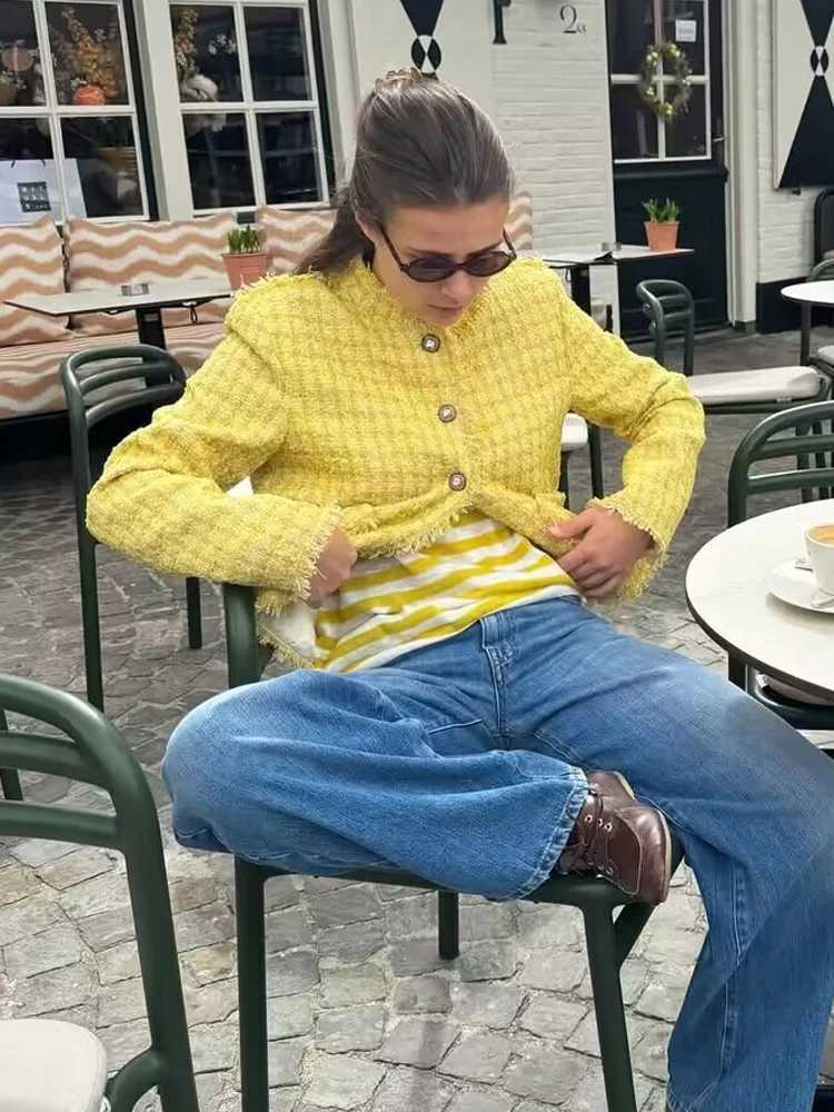 HH Fashion Women Yellow Tweed Jackets Slim Single Breasted Long Sleeve Autumn Coats Female Small Fragrant Style Outerwear J251124