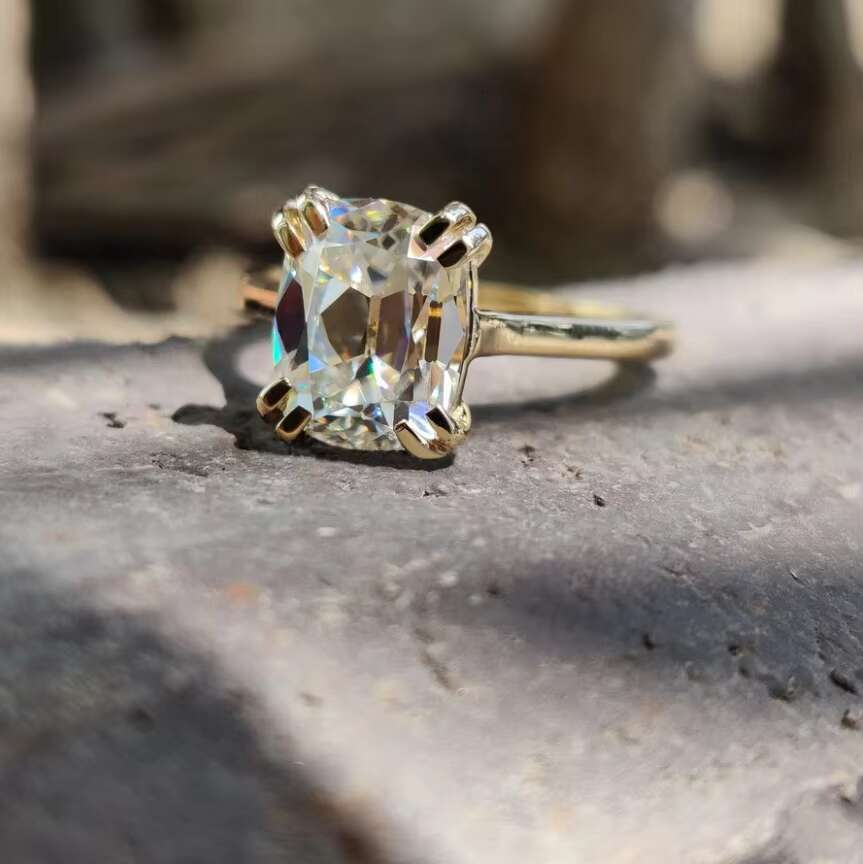 2.29 CT Elongated Cushion OEC Cathedral Set 14K Gold Moissanite Solitaire Ring