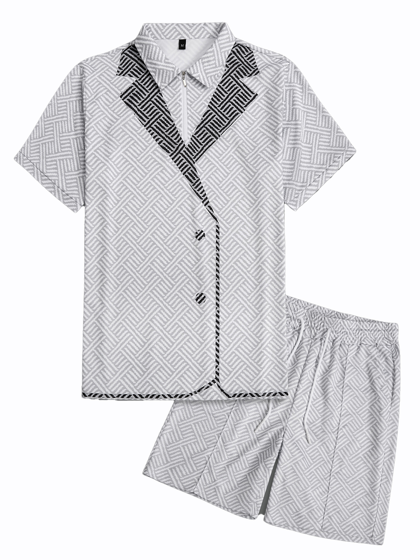 Men's Tropical Printed Casual Set - Black Short Sleeve Zipper Shirt and White Pocket Shorts, Polyester, Machine Washable