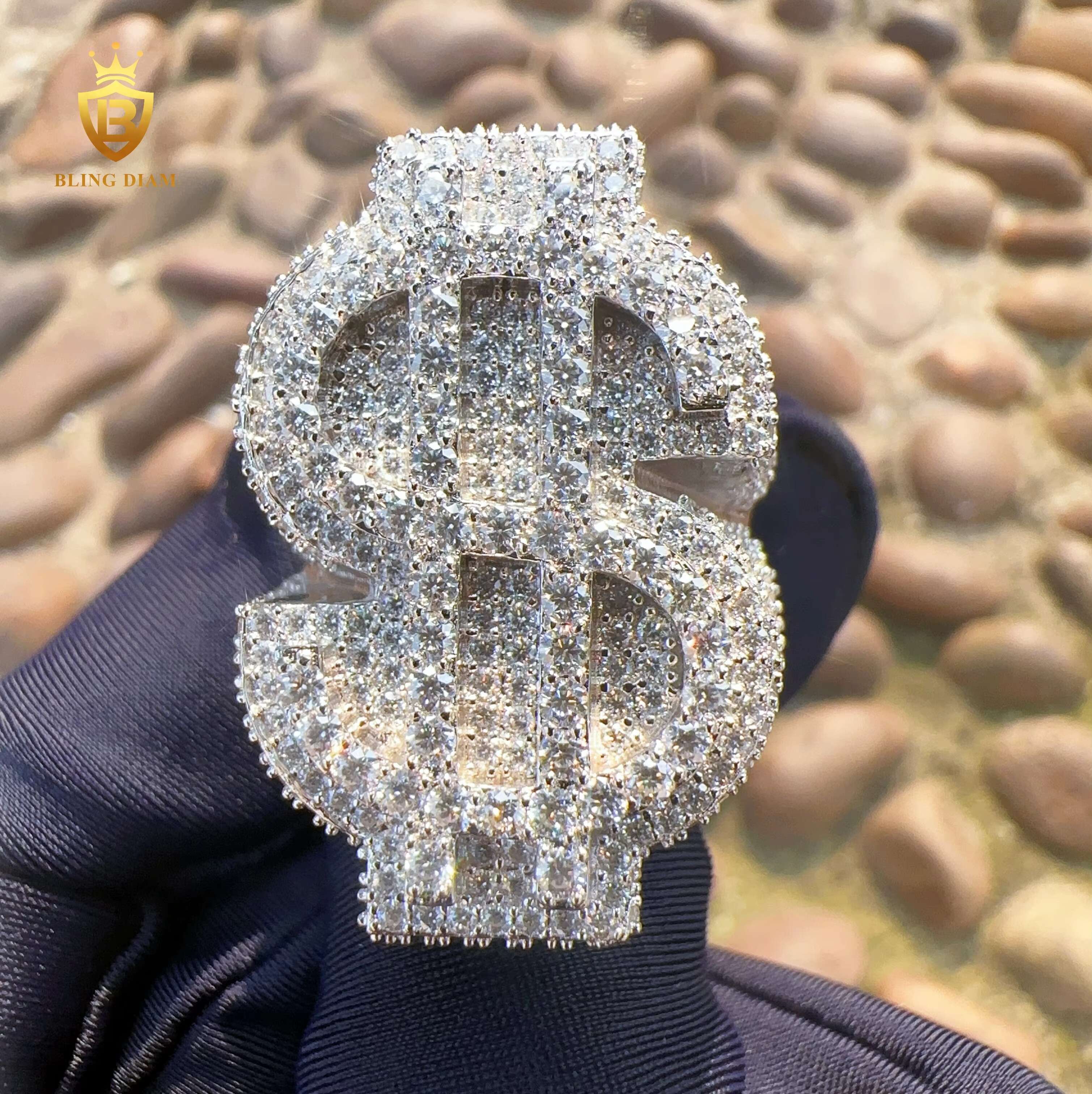 D Color VVS Moissanite Custom Hip Hop Dollar Ring 925 Sterling Sliver Iced Out Wax Setting Moissanite Rings