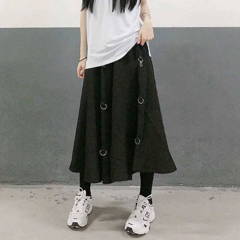 Large size Harajuku punk style skateboarding womens high waisted buckle irregular Gothic skateboarding black hip-hop streetwear free adjustable M25042