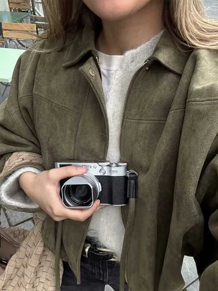 Vintage Brown Suede Jacket Women Fall Winter Casual Loose Bomber Coat Fashion Zipper Long Sleeve Cardigan Commuting Outerwear J251124