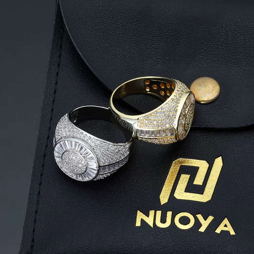 NUOYA Hip Hop Fine Jewelry Shiny Iced Out Diamond Ring Silver and Gold Plated Brass Micro Pave Baguette CZ Stones Ring for Women