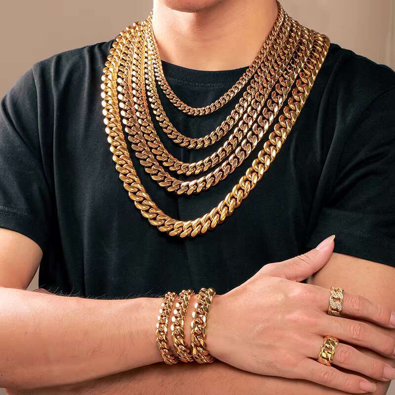 Fashion Jewelry Hip Hop Stainless Steel Jewelry Cuban Curb Link Miami Chain 14k 18k Gold Plated Bracelet Necklace for Men