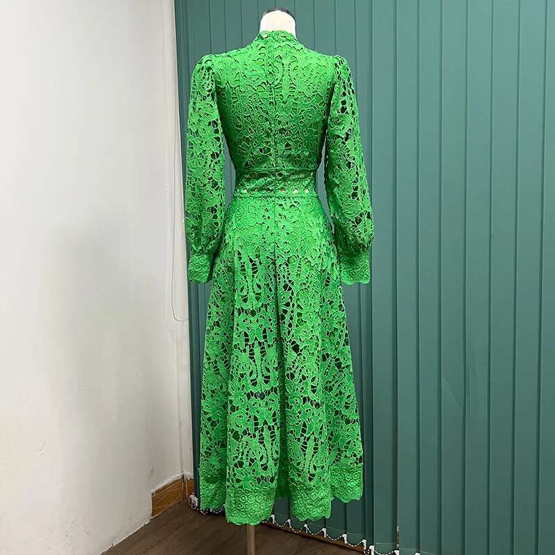 Lace Hollow Out Long Dresses Women 2025 Spring Holiday Full Sleeve Embroidery Elegant Party Vestidos Wedding Robe White