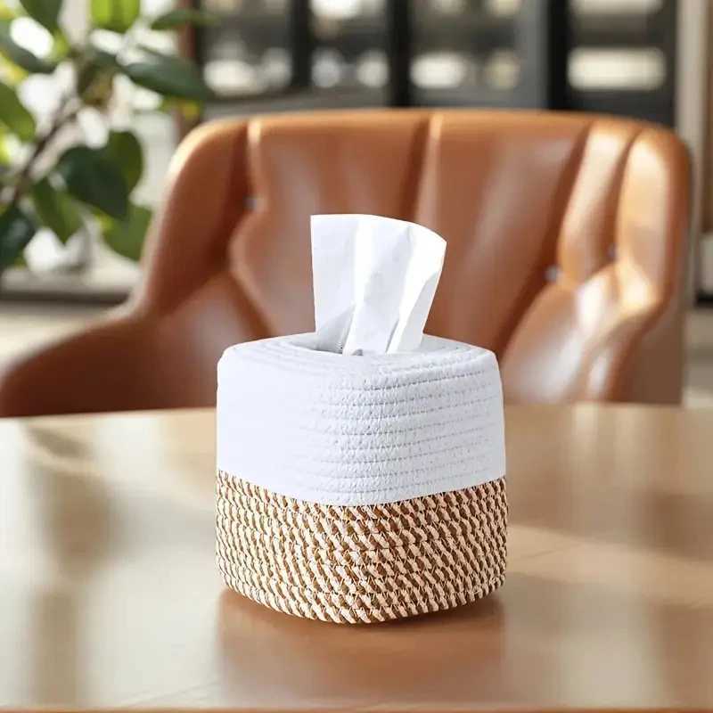 1pc Cotton Thread Tissue Box Square Desktop Napkin Decorative Box Multi-functional Hand-woven Storage Basket Tissue Storage BoxM251124