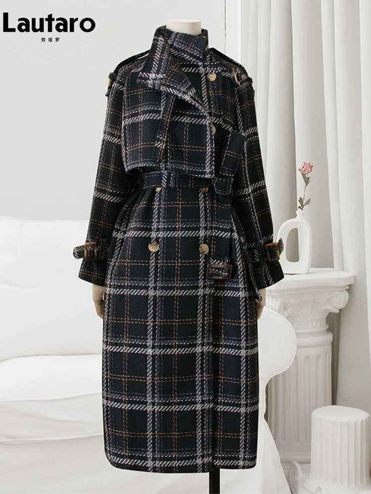 Lautaro Autumn Winter Long Loose Warm Plaid Wool Blends Trench Coat for Women Raglan Sleeve Belt Double Breasted Woolen Overcoat J251124