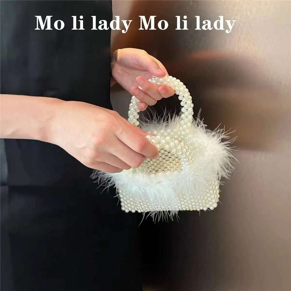 Designer Bag 2025 High Quality Pearl Beading Woven Handmade Women Handbag Ostrich Hair Evening Wedding Party Clutch Purse Shoulder Bag Luxury Bag