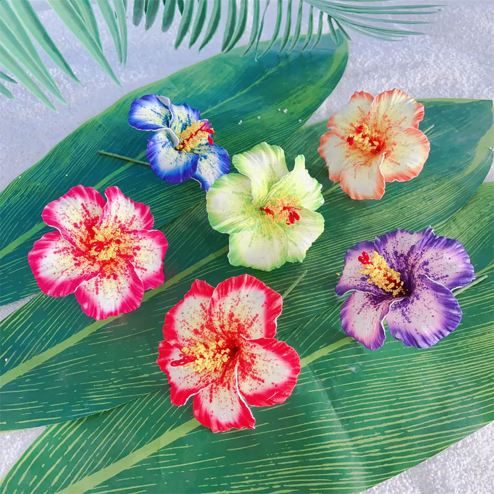 10Pcs Mixed Colors Hawaii Hibiscus Flower Hairpick Real Touch Hula Dancer Ear Pick Fashion Luau Party Tropical Hair Accessories 250420
