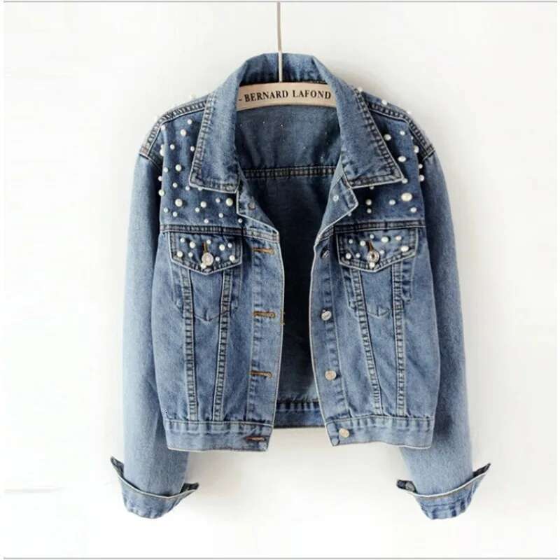 Designer Clothes Women's Short Beaded Pearl Loose Spring And Autumn New Denim Jacket