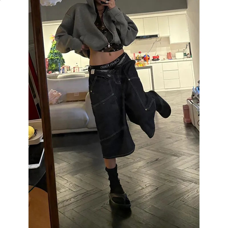 Womens dark denim shorts high waisted jeans 2000s vintage Y2K Harajuku summer clothing 250417