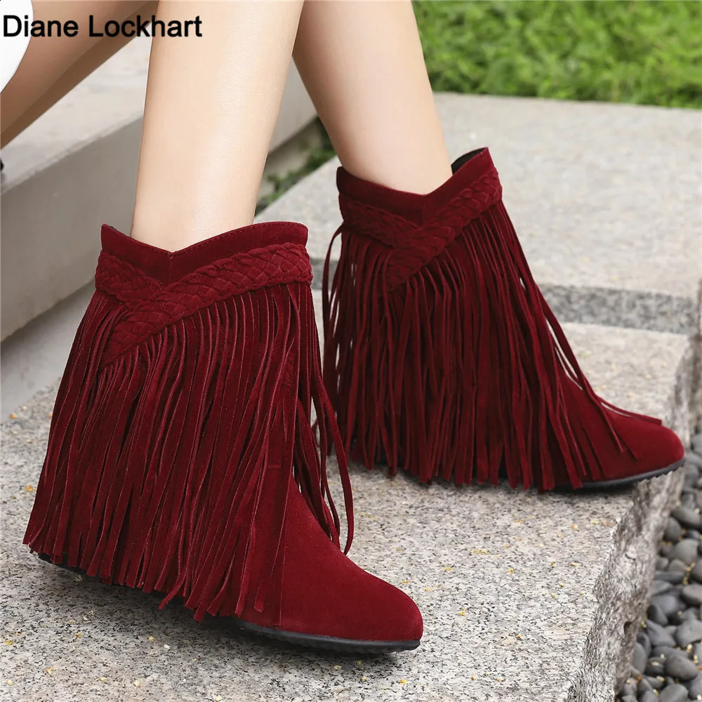 2024 Fashion Autumn Winter Ethnic Woman Bohemian Flock Tassle Hidden Moccasin Ankle Boots Fringe Female Slip On Shoes 250418