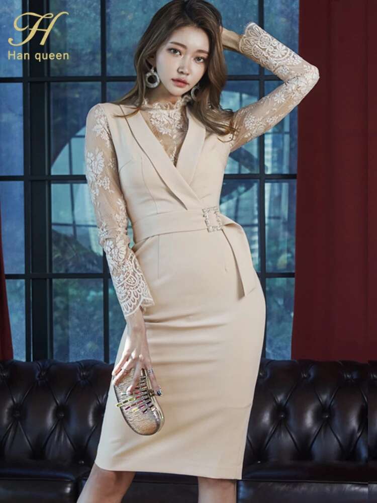H Han Queen Hot Sale Spring Autumn Elegant Fashion Lace Patchwork Vintage Dress Womens Simple Profession Dresses Casual Vestidos