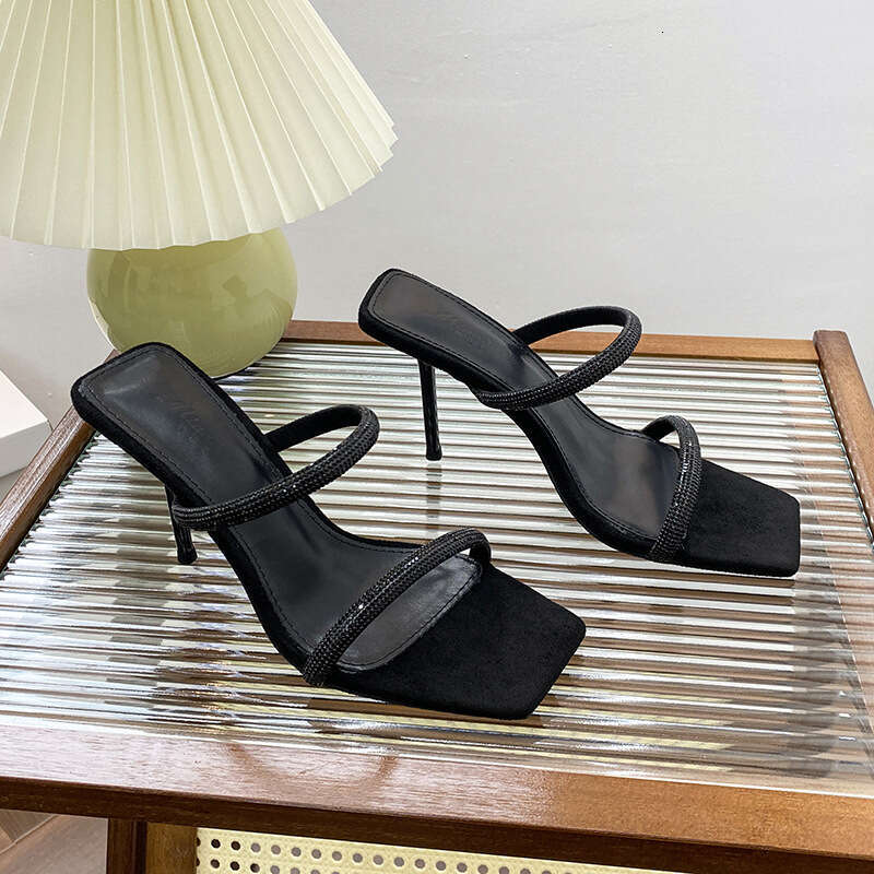 Woman Sandals Thin High Heels Slippers Women S Purple Color Summer Sexy And Versatile Wearing Rhinestones Exposed Toes Straight Strap Square Head Cool