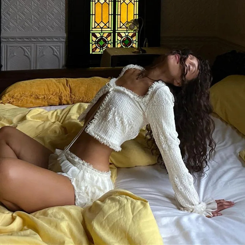 Cryptographic Fashion Y2K Ruffle Mini Ski Collaboration Set Elegant Set Tie Front Top and 2-piece Ski Matching Set 250422