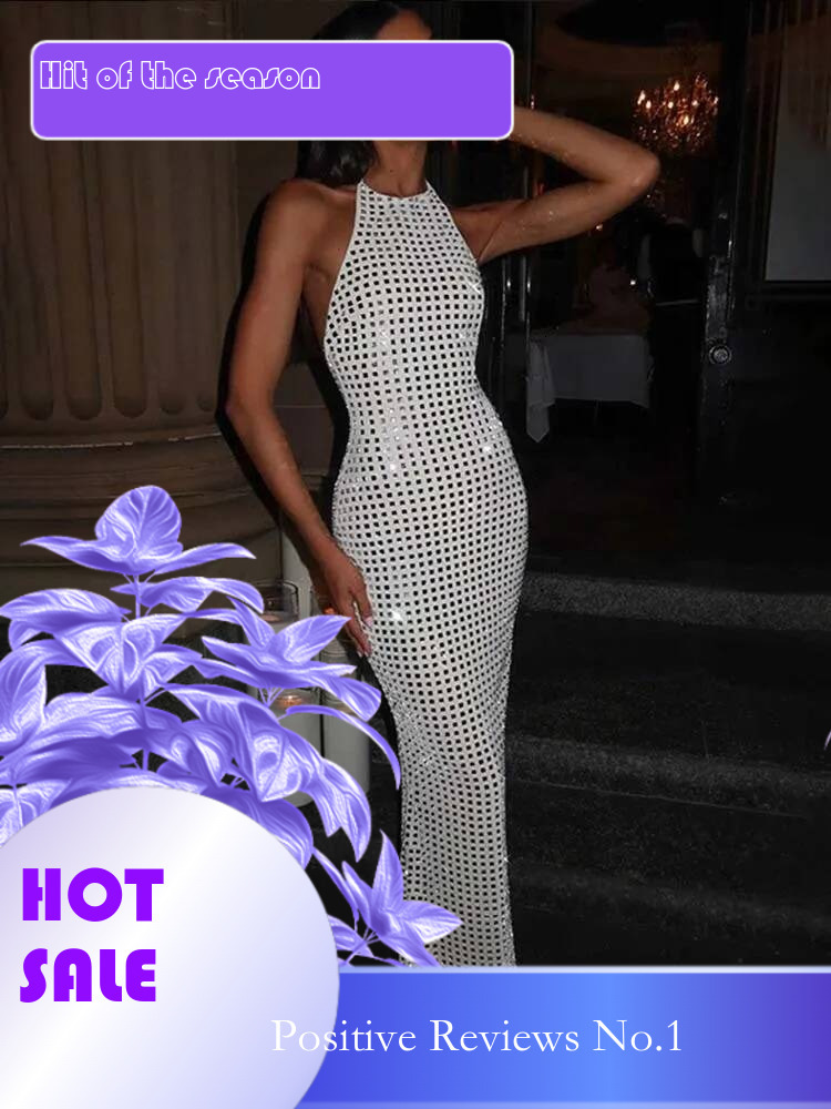 Dongdumaoyi Townlike Elegant Maxi Long Slim Bodycon Dress Women Halter Spring Summer Sparkle Glitter Nightclub Sexy Party Dresses