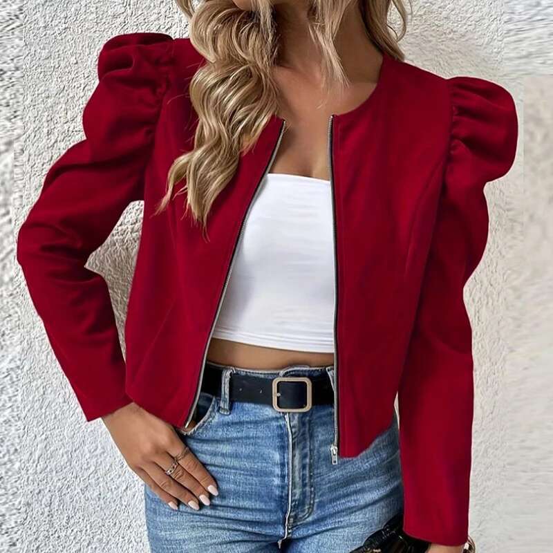 Fashion Short For Elegant Puff Sleeve Coat Jackets With Zipper Outerwear Black Jacket Women