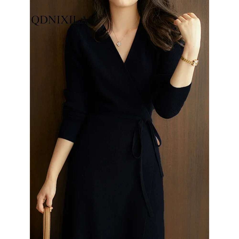 Autumn Winter Sweater Womens Dresses V-Neck Wrap Up Dress For Women Woman Clothing Korean Version Loose Elegant Knitted Skirt