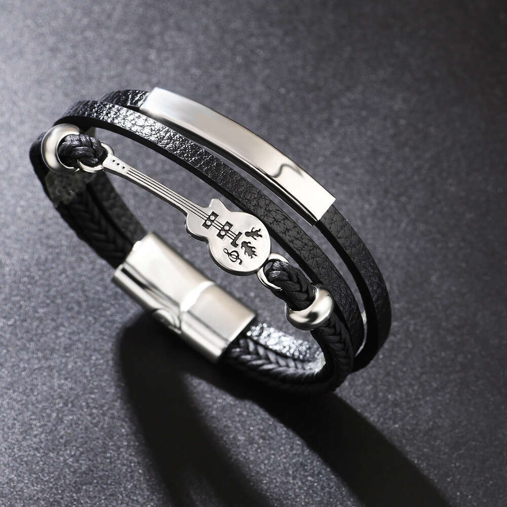 Punk trendy men's popular guitar PU leather fashionable multi-layer woven magnetic buckle bracelet