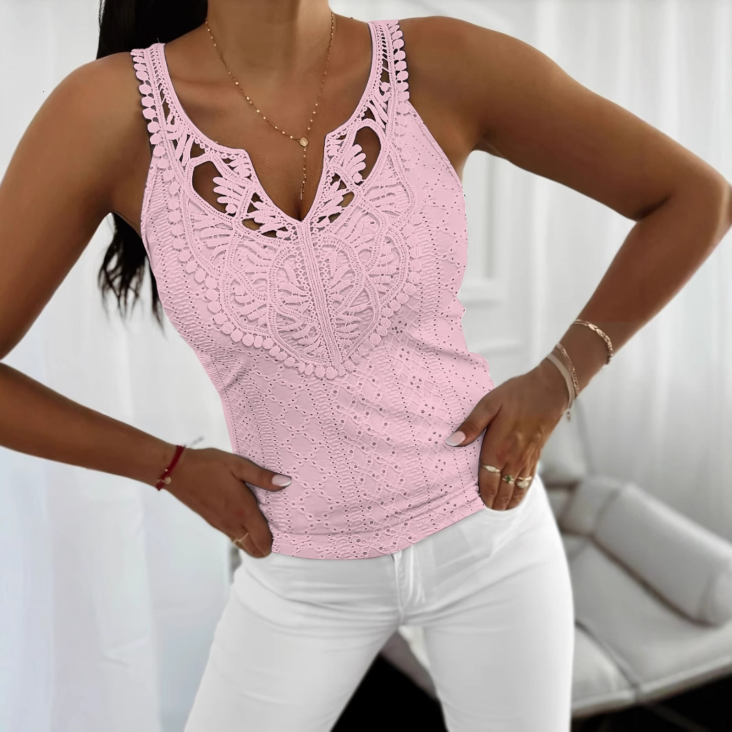 2025 Summer New V-neck Splicing Lace Slim Solid Color Tank Top for Women