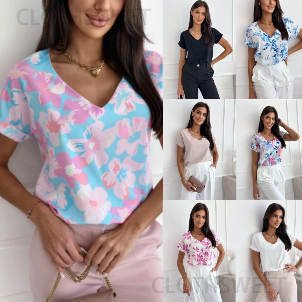 2024 summer simple and fashionable printed V-neck loose short sleeved shirt for women