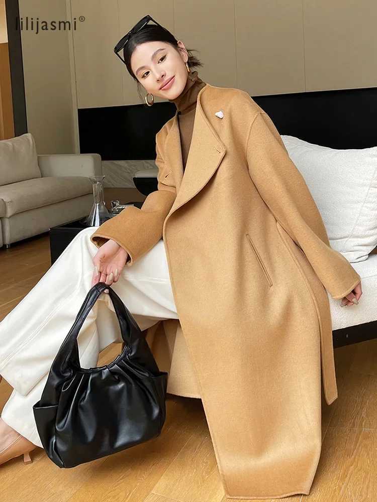 Dual Purpose Collar Wool Coat Horn Button Women 100 Wool Overcoat Double-Layers Autumn Winter Long Jacket Thick Trench Coat 23 J251124