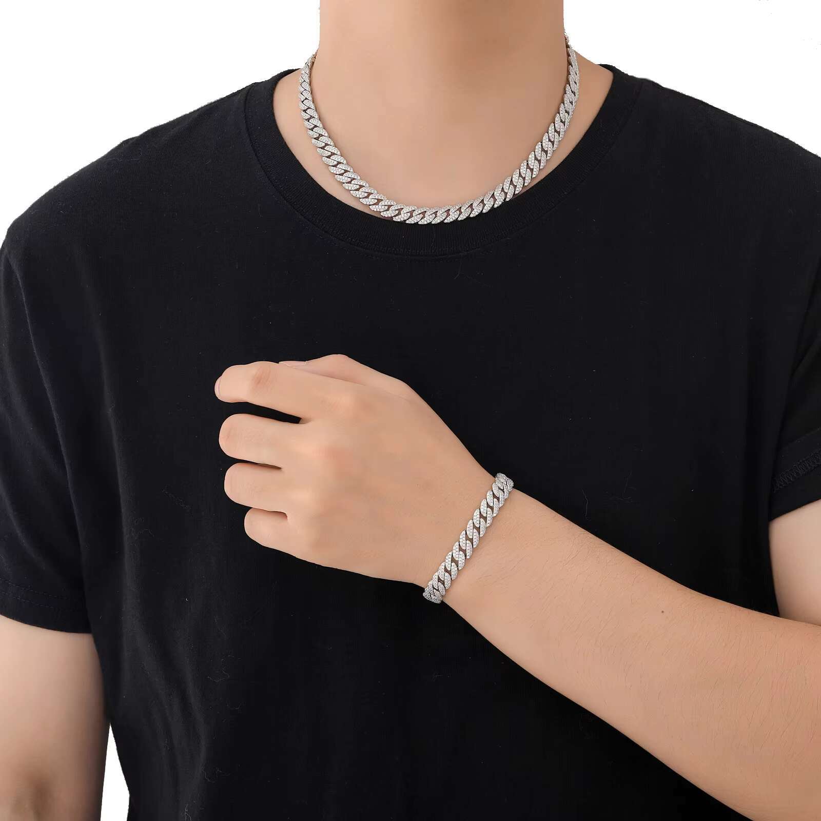 High Quality Hip Hop Iced Out 10mm CZ Cuban Link Chain Necklace Bracelet Miami Choker Necklace Women Man