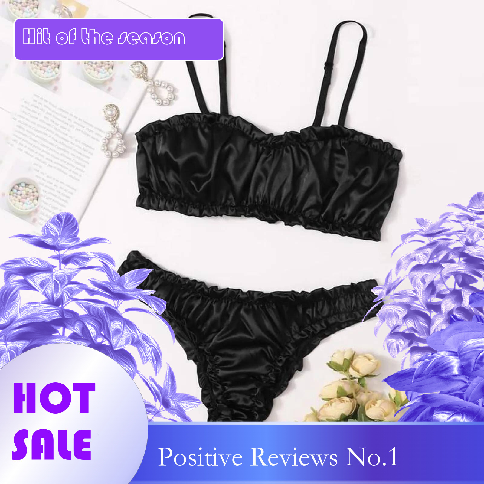 Dongdumaoyi Sexy Silk Satin Fashion Gerie Women Solid Black Spaghetti Strap Elastic Wireless Bra Thong Slip Comfortable Underwear Set Women S Tight Un