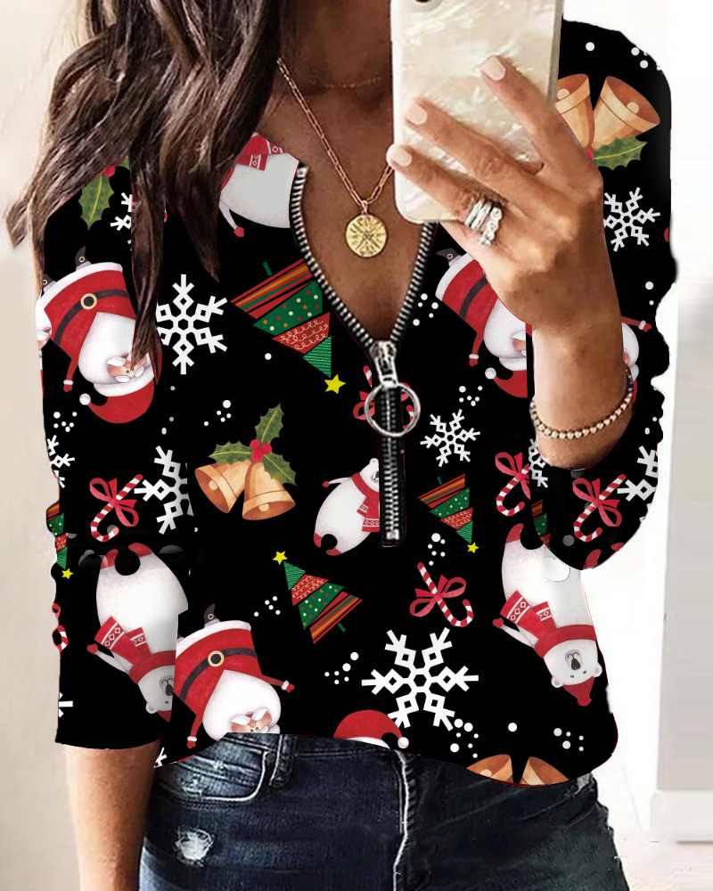 2023 Autumn/Winter New Christmas Printed V-neck Long sleeved Hoodie Womens Top