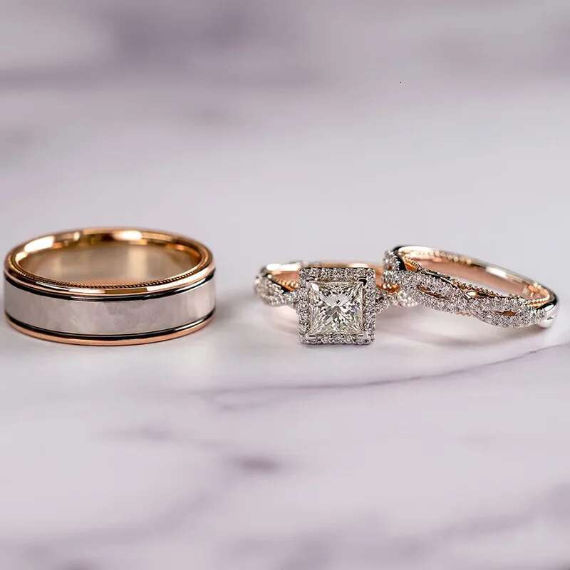 14K Rose Gold Princess Real Diamond Ring for Women Anillos Mujer Bizuteria Gemstone Femme Diamond Jewelry set Rose Gold Rings