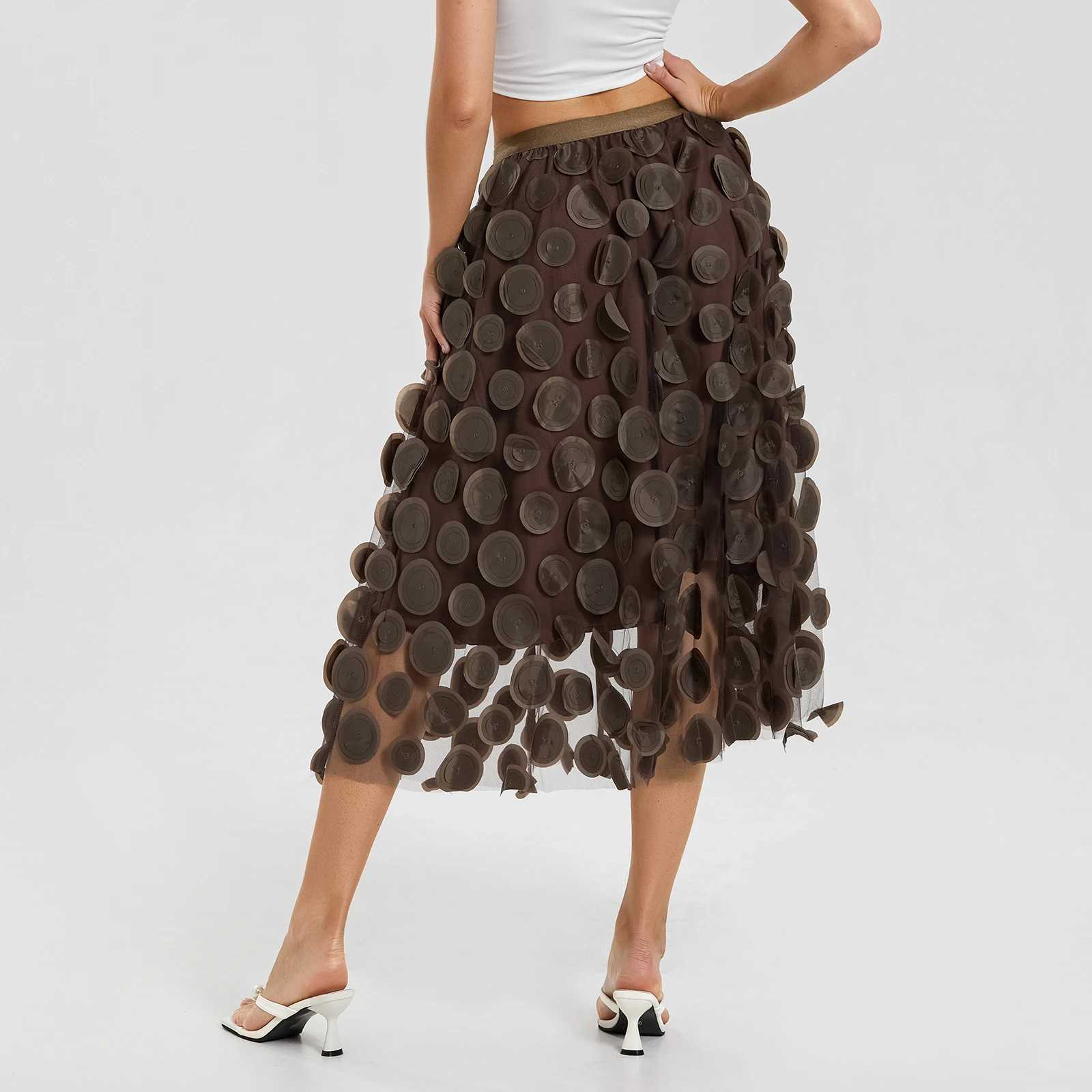 Womens sheer Tutu Skirt solid color 3D point elastic mesh fairy A-Line beach party streetwear skiing M250424