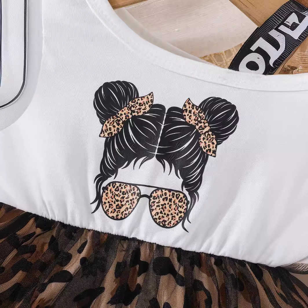 Childrens Summer Baby Girl Dress 2025 New Fashionable Girl Printed Splicing Leopard Mesh Skirt Y2504233epy