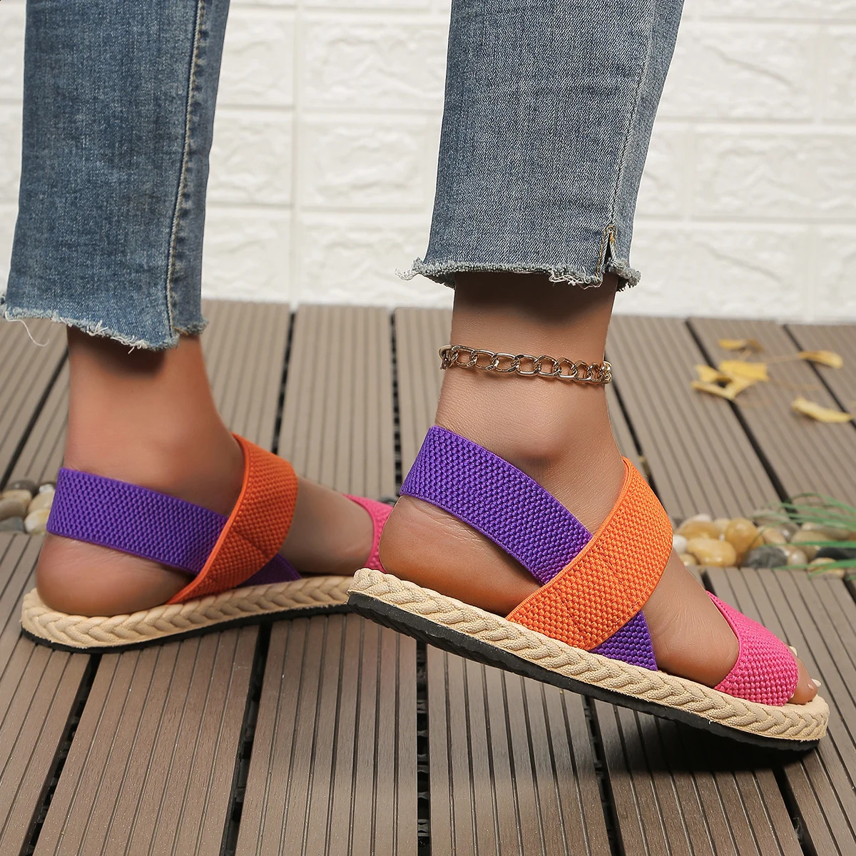 Womens fashion trend anti-slip wear-resistant multi-color matching elastic flat sandals 250418