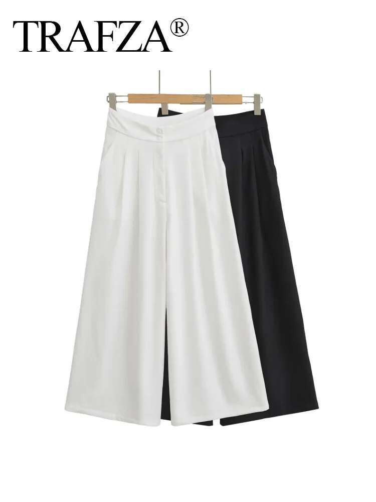TRAFZA Summer Women's Pants Suits Double-Lapel Lace-Up Tank Tops+With Zipper Pocket Pleated Solid Loose Trousers Sets Casaul