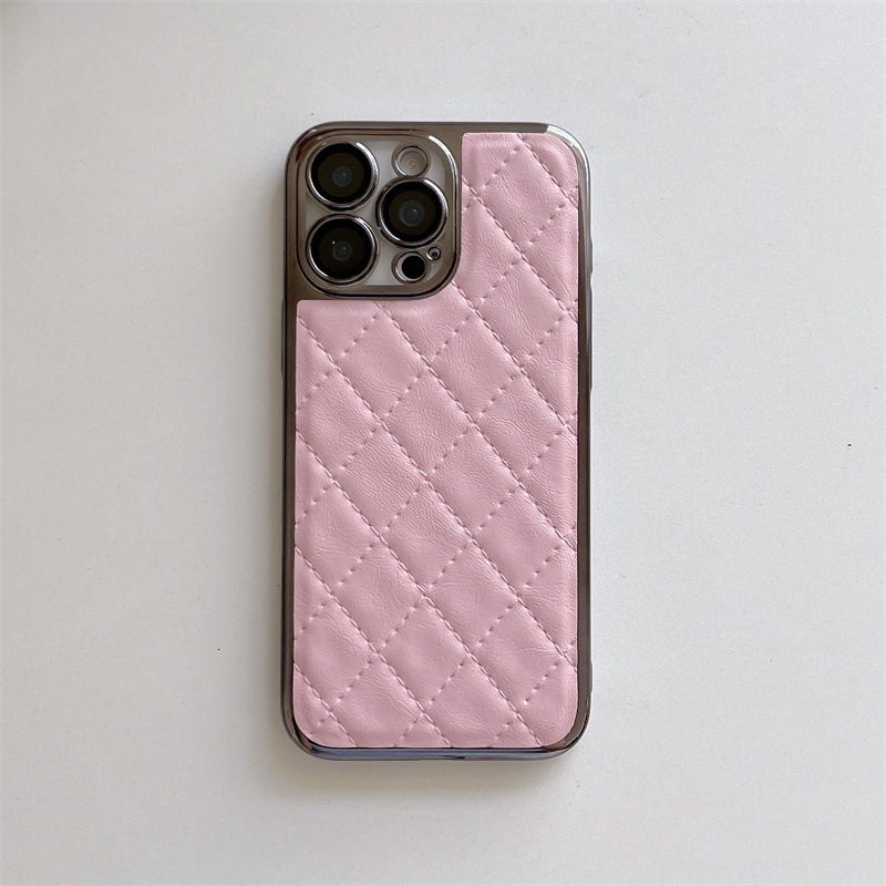 Electroplated Edge Diamond Grid Phone Case Compatible with iPhone 17 Pro Max Solid Color Faux Leather Case iPhone 16/15