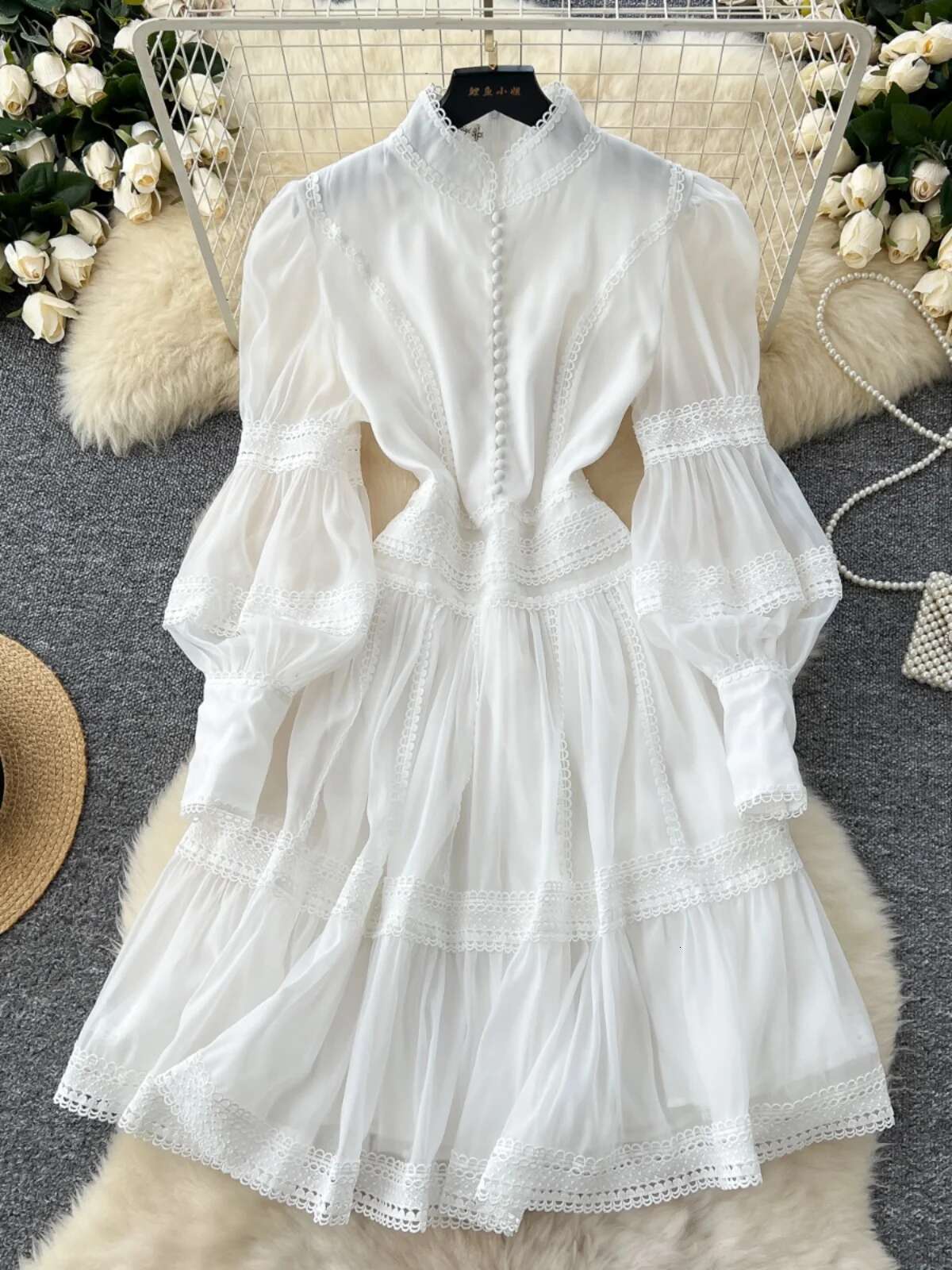 Short Dresses Shirt Women Spring Autumn Single Breasted Stand Collar Embroidered Crochet Formal Ocn Party Vestidos
