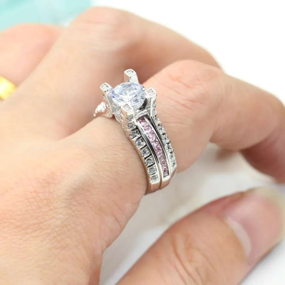 14K White Gold Vintage Lovers Grown Pink Diamond Ring Set Engagement Wedding Rings for Women Men Jewelry