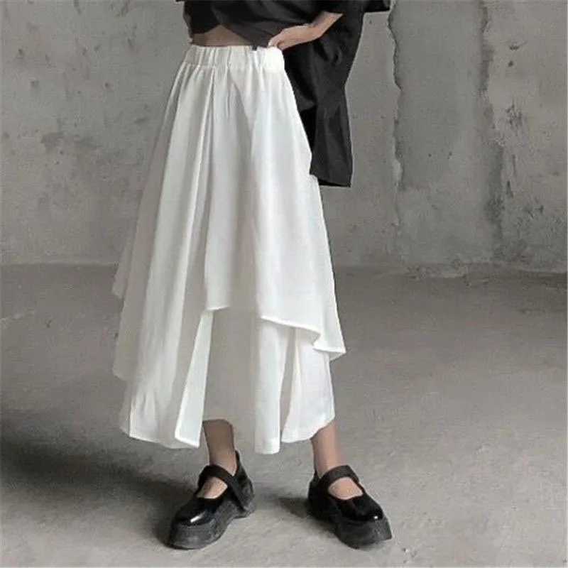 Womens Skirts Gothic Irregular Skirts Womens High Waist White Black Long Skirts Womens Folded Skirts Culottes Womens Clothing M250424