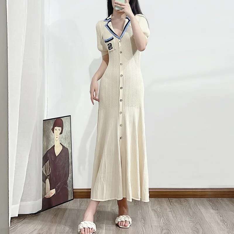 Yuoomuoo Early Autumn Embroidery Maxi Dress Women Fashion Y2k Single-Breasted Knitted Elegant Lady Office Dresses