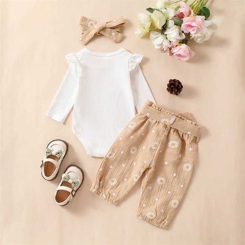 Clothing Sets 2023-11-03 Lioraitiin 0-24M Baby Girl Print Outfit Solid Ribbed Ruffle Romper Long Sleeve Pants Headbands Clothes Set R250424