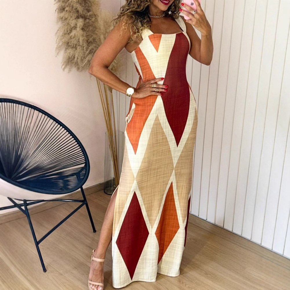 2025 summer new sleeveless contrasting sexy slim fit split commuter dress for women