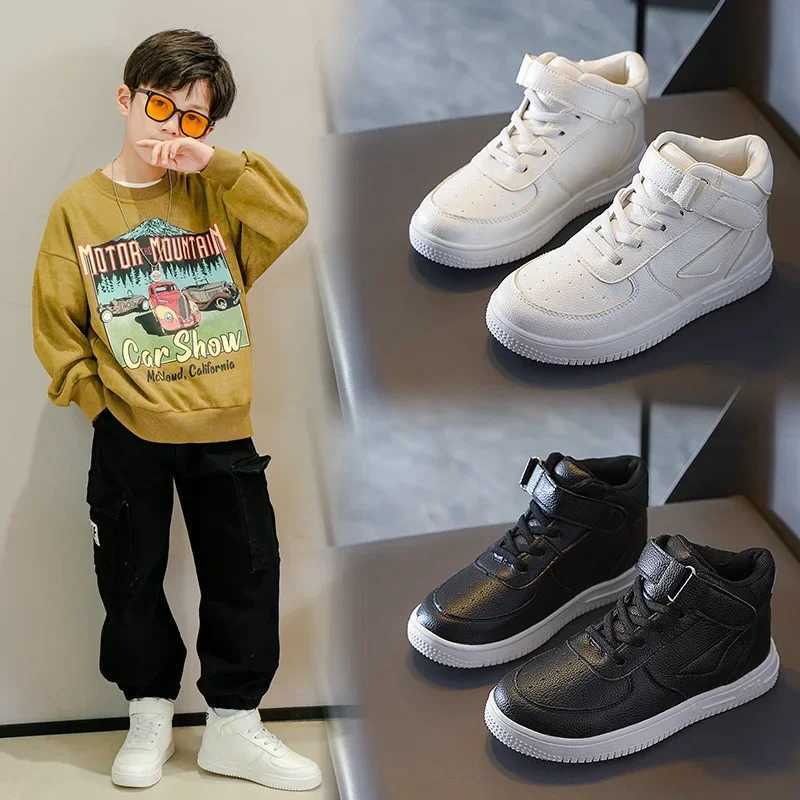 Spring 2024 New Fleece-Lined Sneakers White Casual High-Top Student Shoes Breathable Rubber Sole Childrens Lei C260130