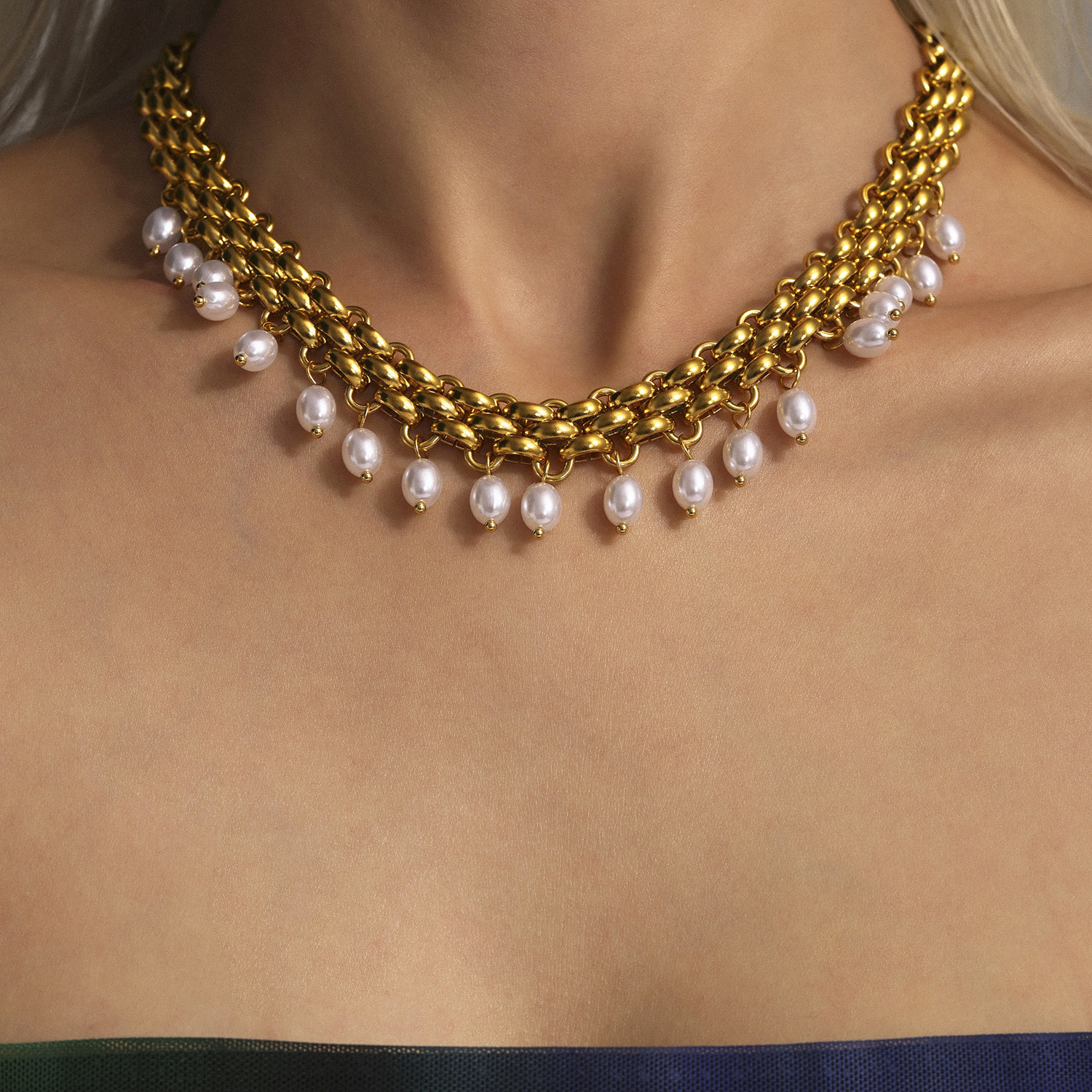 Designer necklace high quality pearl tassel short necklace golden stainless steel millennium punk style jewelry for girls gift