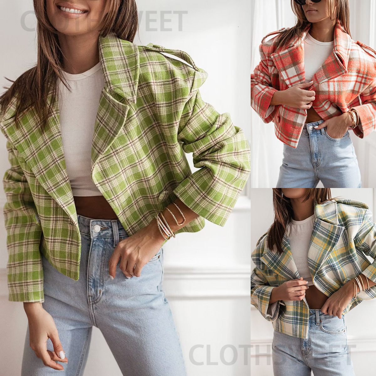 2024 new autumn and winter fashionable British suit collar plaid printed woolen jacket for women