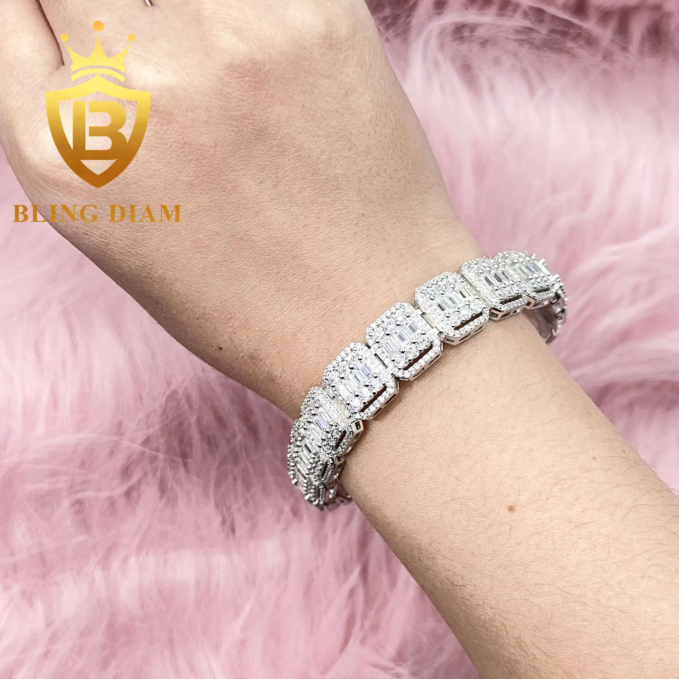 Hip Hop Bling Jewelry 13mm Baguette Tennis Chain Moissanite Ice Out 925 Silver Cluster Moissanite Cuban Chain Necklace Bracelet
