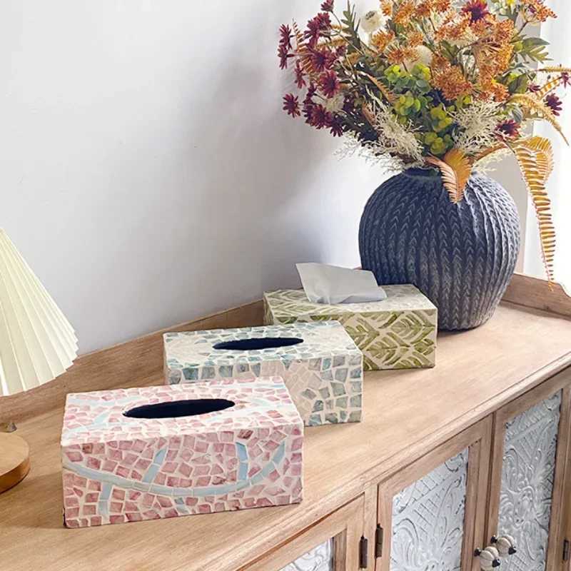 Color Shell Tissue Box European Creative Handmade Mother of Pearl Rectangular Tissue Box Square Paper Boxs Decoration StorageM251124