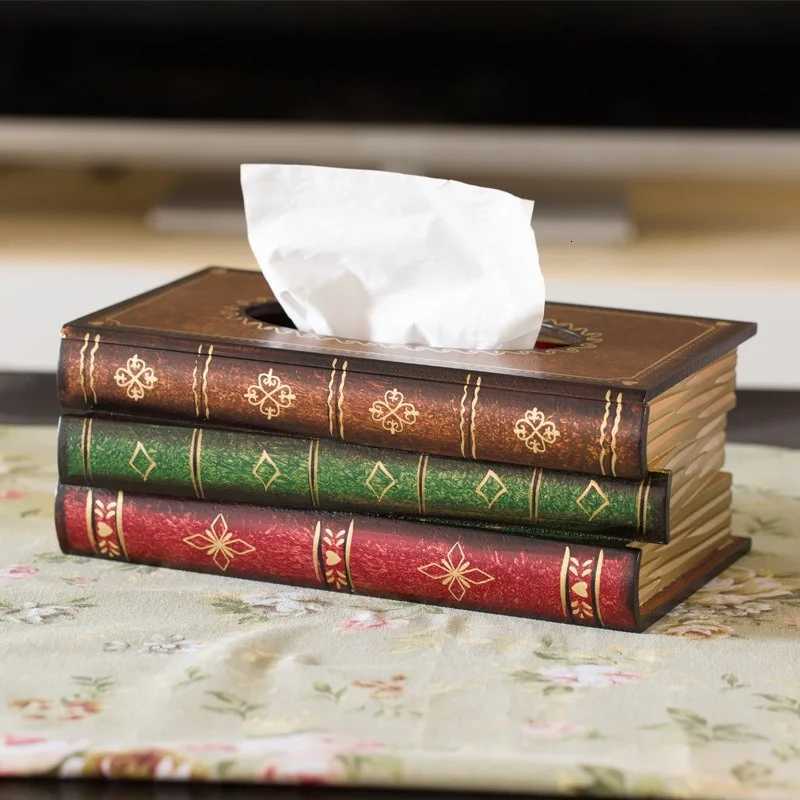 Book Shaped Vintage Tissue Box Cover Artistical Wooden Paper Extraction Box Creative Tissue Storage Case for Bedroom BathroomM251124