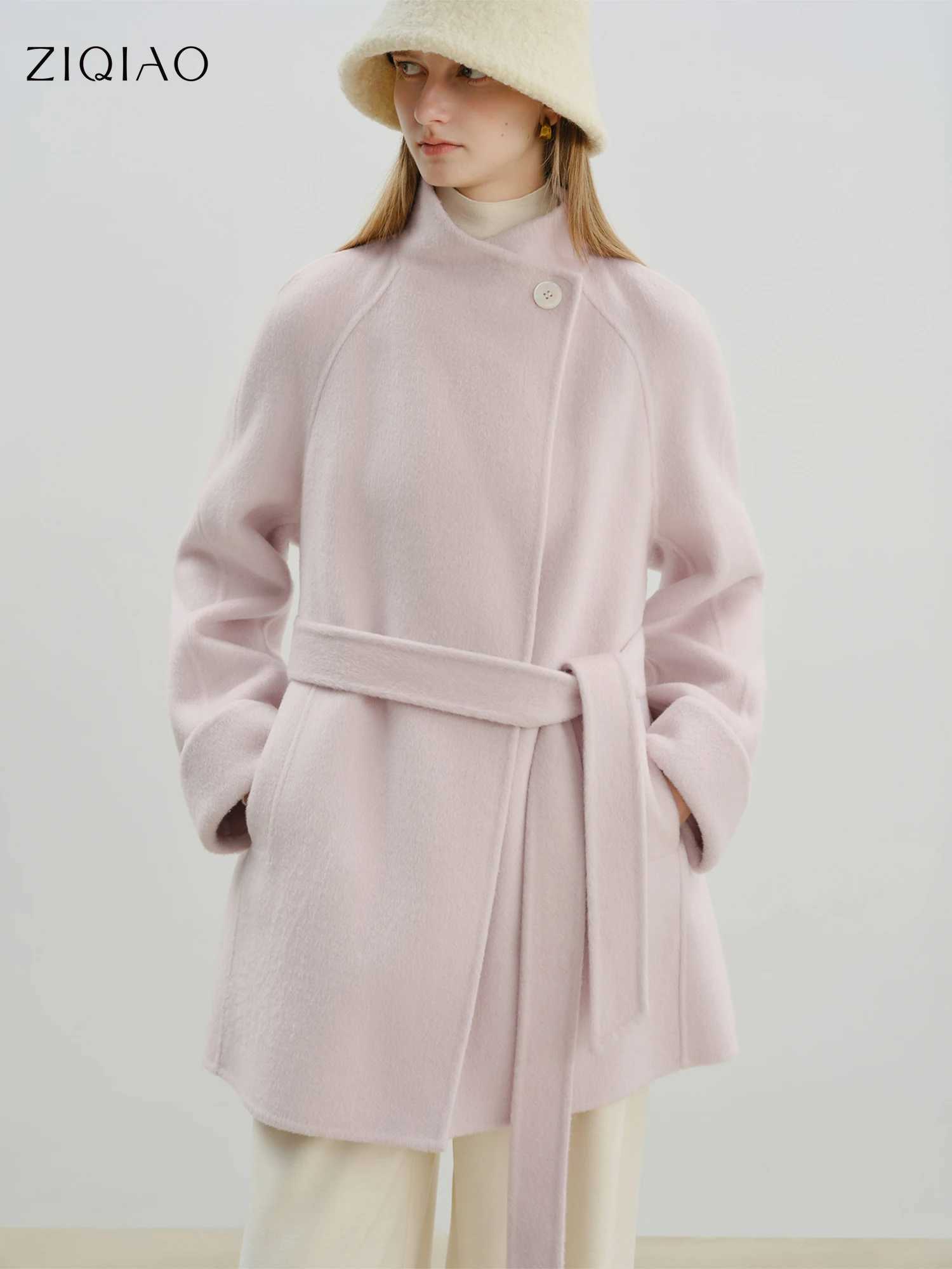 ZIQIAO 2025 New Arrival Chic Double Sided Camel Wool Blend Coat Elegant Short Jacket with College-Inspired Design Autumn Winter J251124